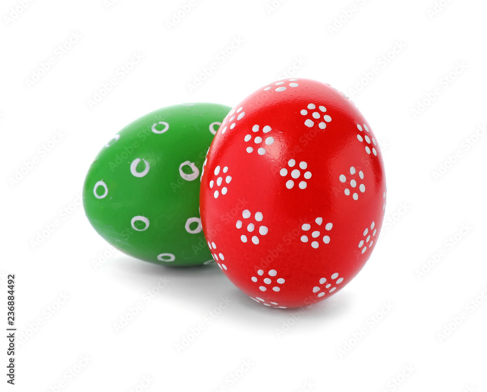 Decorated Easter eggs on white background. Festive tradition Decorated Easter eggs on white background. Festive tradition
