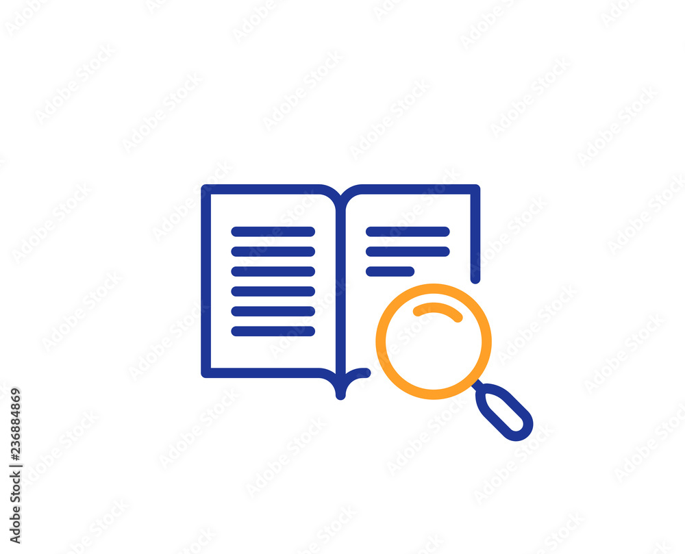 Search text line icon. Find word sign. Open book symbol. Colorful outline concept. Blue and orange thin line color Search text icon. Vector Search text line icon. Find word sign. Open book symbol. Colorful outline concept. Blue and orange thin line color Search text icon. Vector