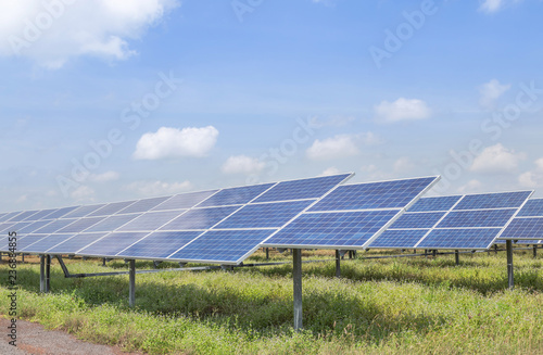 rows array of polycrystalline silicon solar cells or photovoltaic cells in solar power plant turn up skyward absorb the sunlight from the sun 