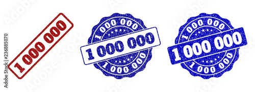 1000000 scratched stamp seals in red and blue colors. Vector 1000000 labels with grainy surface. Graphic elements are rounded rectangles, rosettes, circles and text labels.