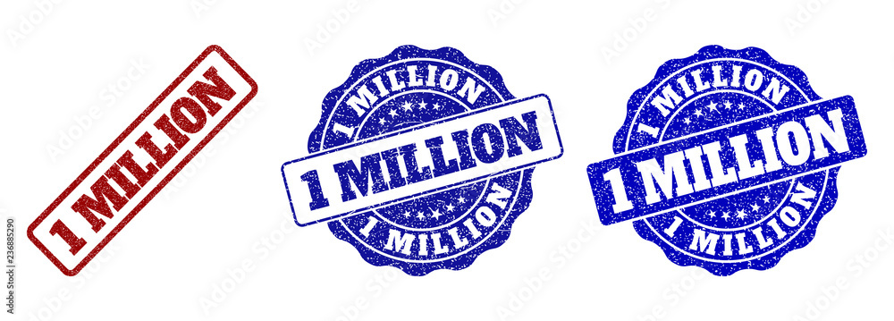 Obraz premium 1 MILLION grunge stamp seals in red and blue colors. Vector 1 MILLION watermarks with draft surface. Graphic elements are rounded rectangles, rosettes, circles and text captions.