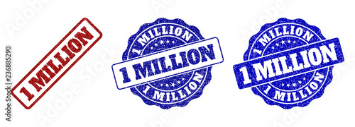 1 MILLION grunge stamp seals in red and blue colors. Vector 1 MILLION watermarks with draft surface. Graphic elements are rounded rectangles, rosettes, circles and text captions.