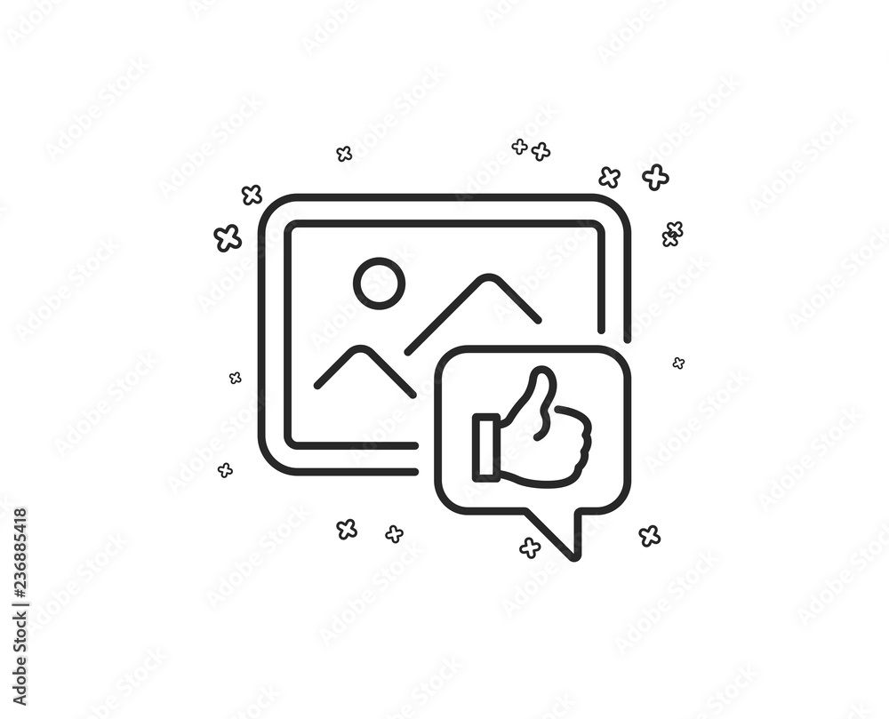 Like photo line icon. Thumbs up sign. Positive feedback, social media symbol. Geometric shapes. Random cross elements. Linear Like photo icon design. Vector Like photo line icon. Thumbs up sign. Positive feedback, social media symbol. Geometric shapes. Random cross elements. Linear Like photo icon design. Vector