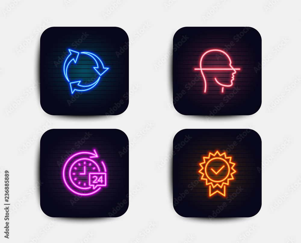 Neon glow lights. Set of Face scanning, Recycle and 24h delivery icons. Certificate sign. Faces detection, Recycling waste, Stopwatch. Verified award.  Neon icons. Glowing light banners. Vector