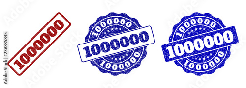 1000000 grunge stamp seals in red and blue colors. Vector 1000000 marks with grunge effect. Graphic elements are rounded rectangles, rosettes, circles and text tags.