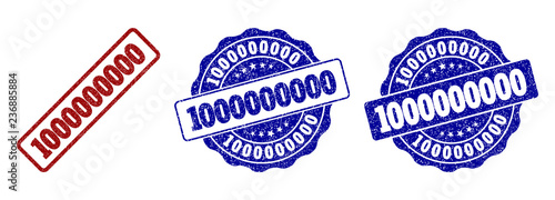 1000000000 scratched stamp seals in red and blue colors. Vector 1000000000 labels with dirty style. Graphic elements are rounded rectangles, rosettes, circles and text labels.