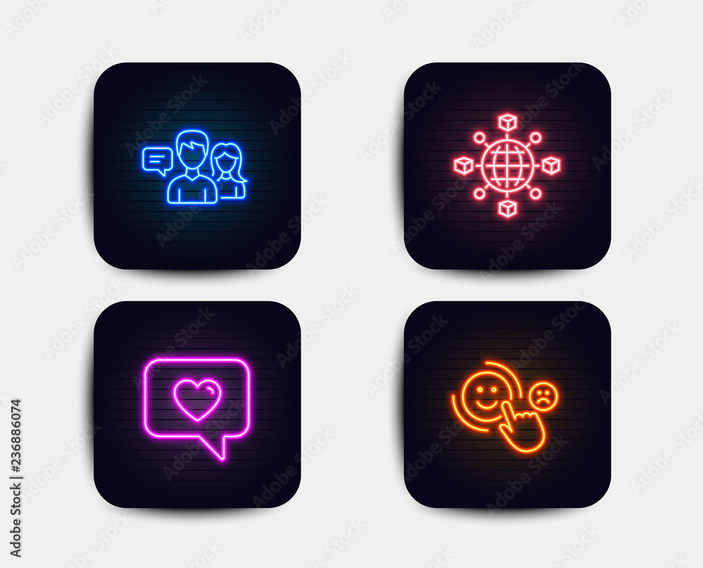 Neon glow lights. Set of Logistics network, People talking and Love message icons. Customer satisfaction sign. International tracking, Contact service, Dating service. Happy smile. Neon icons Neon glow lights. Set of Logistics network, People talking and Love message icons. Customer satisfaction sign. International tracking, Contact service, Dating service. Happy smile. Neon icons