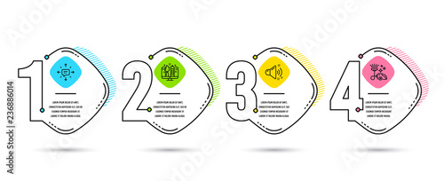 Infographic template 4 options or steps. Set of Loud sound, Creative design and Sms icons. Vacuum cleaner sign. Music, Designer, Conversation. Vacuum-clean.  Process diagram, workflow layout. Vector
