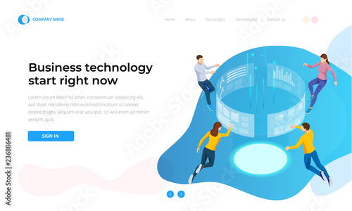 Business technology start right now. Isometric Business Data Analytics process management or intelligence dashboard on the virtual screen. Template for website, landing page.