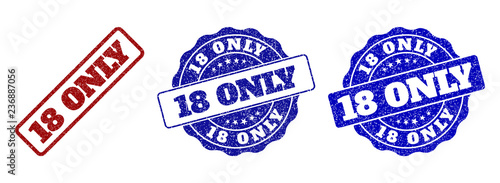 18 ONLY grunge stamp seals in red and blue colors. Vector 18 ONLY labels with grunge texture. Graphic elements are rounded rectangles, rosettes, circles and text labels.