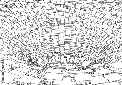 Tunnel or wormhole. Digital 3d wireframe tunnel. 3D tunnel grid. Network cyber technology. Surrealism. Background abstract vector image