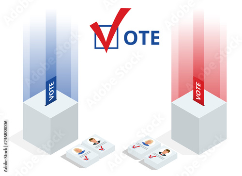 Isometric ballot box with voting paper in hole on white background isolated vector illustration. Voting concept