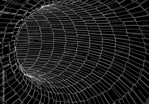 Tunnel or wormhole. Digital 3d wireframe tunnel. 3D tunnel grid. Network cyber technology. Surrealism. Background abstract vector image