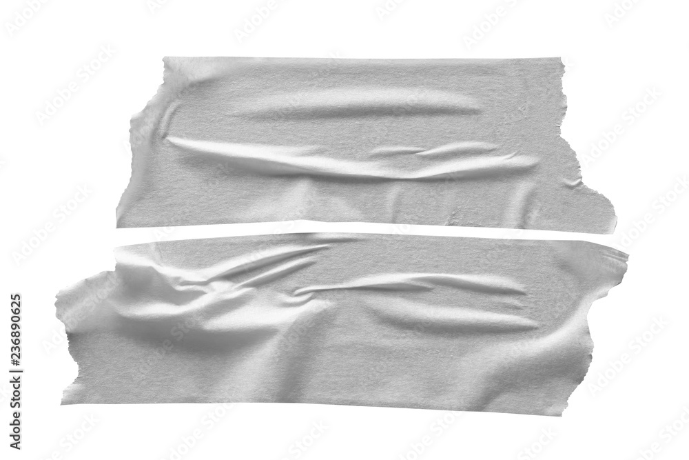 Set of white scotch tapes on gray background. Torn horizontal and different size white sticky tape, adhesive pieces.