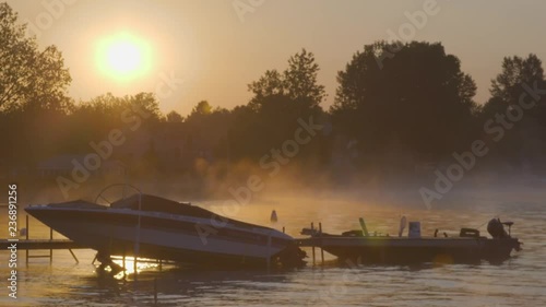 Foggy harbor at dusk