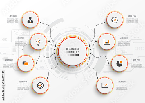 Vector infographic technology with 3D paper label, integrated circles. Business concept with 8 options. For content, diagram, flowchart, steps, parts, timeline infographics, workflow, chart.