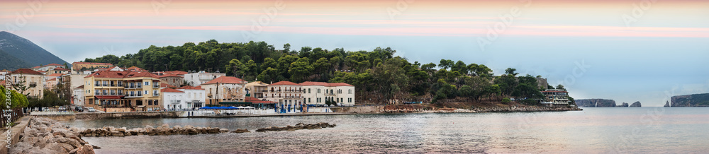 Panoramic view of the waterfront of Pylos at sunset, Greece.