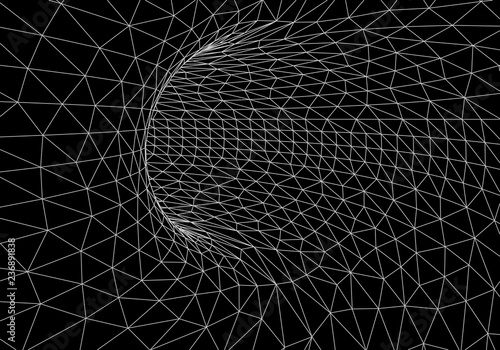 Tunnel or wormhole. Digital 3d wireframe tunnel. 3D tunnel grid. Network cyber technology. Surrealism. Background abstract vector image