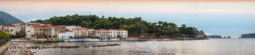 Panoramic view of the waterfront of Pylos at sunset, Greece. © Ruben