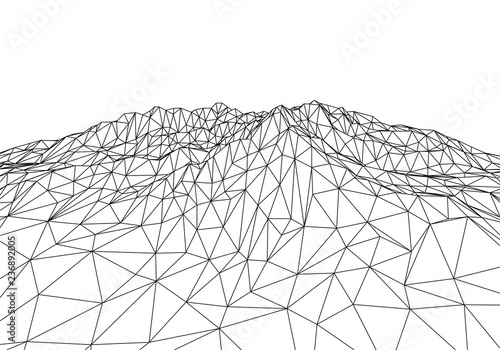 Wireframe 3D landscape mountains. Futuristic 3D cartography. Wireframe landscape wire.
