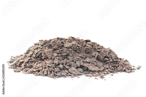 brown earth on white background. natural soil texture. Pile heap of soil humus isolated on white background