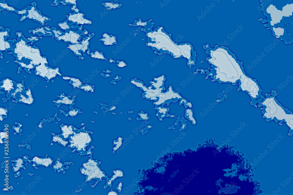 White and blue  background texture. Abstract map with north shoreline, sea, ocean, ice, mountains, clouds. View from height of the bird's flight. The surface of fantasy planet.