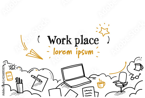 business work desktop laptop workplace desk concept sketch doodle horizontal isolated copy space