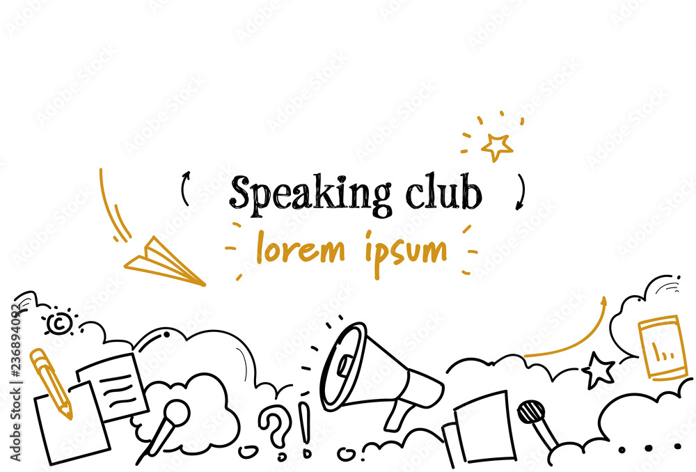 business communication speaking club concept sketch doodle horizontal isolated copy space - obrazy, fototapety, plakaty 