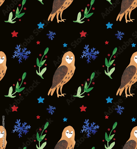 Christmas Watercolor beautiful seamless pattern with owls  snowflakes  and brunch with decor. Holidays decorative prints for textile  paper  cards etc.