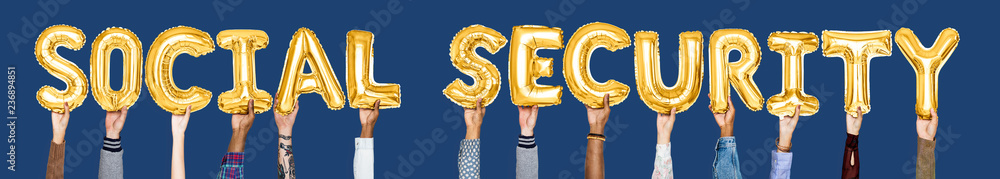 Fototapeta premium Hands holding social security word in balloon letters