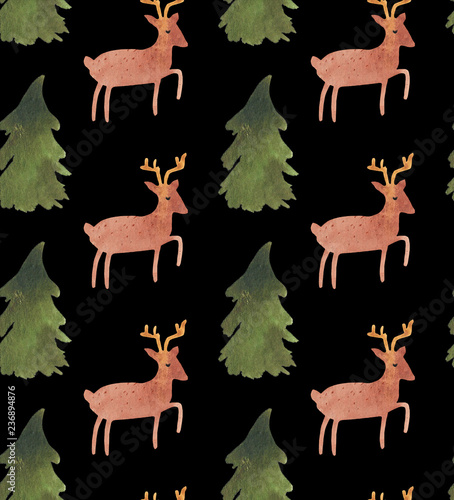 Christmas Watercolor beautiful seamless pattern with Santa, deer, ribbons, bells and tree. Happy New Year decor. Holidays decorative prints for textile, paper, cards etc