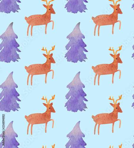 Christmas Watercolor beautiful seamless pattern with Santa  deer  ribbons  bells and tree. Happy New Year decor. Holidays decorative prints for textile  paper  cards etc