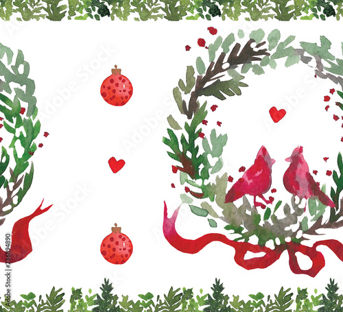 Christmas Watercolor beautiful seamless pattern with wreath, birds, ribbons and balls. Happy New Year decor. Holidays decorative prints for textile, paper, cards etc