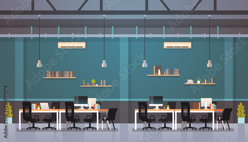 modern office interior workplace desk creative co-working center workspace flat horizontal