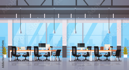 modern office interior workplace desk creative co-working center workspace cityscape background flat horizontal
