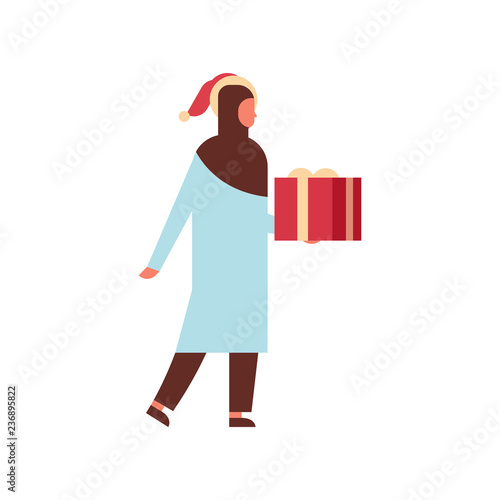 arab woman hold gift box present merry christmas happy new year holiday celebration concept full length female cartoon character isolated flat vector illustration