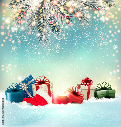 Christmas holiday background with colorful presents and magic box. Vector.