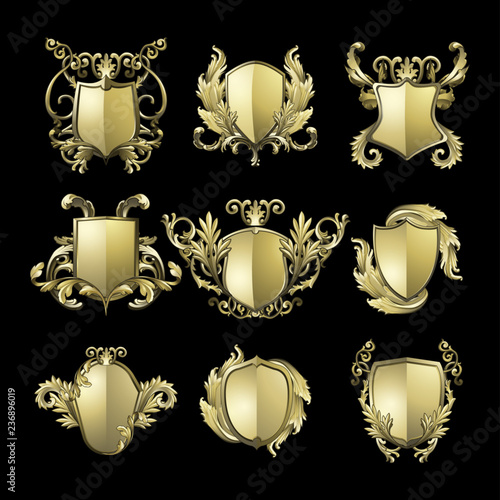 Golden Baroque shield elements vector set photo