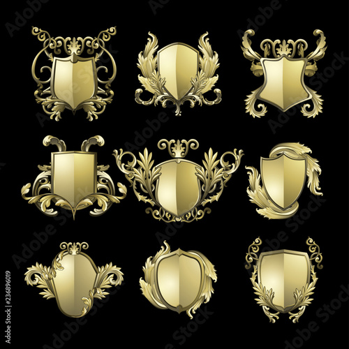 Golden Baroque shield elements vector set