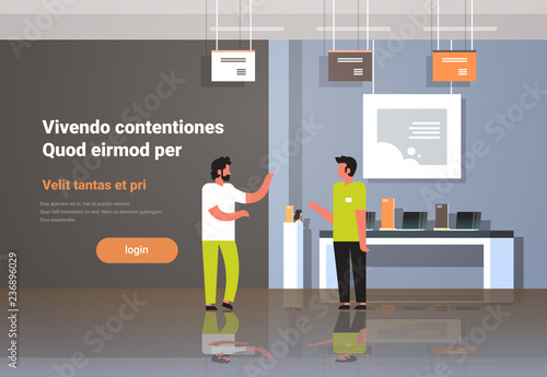 male consultant provides expert advice man customer in modern technology store interior digital computer laptop smartphone electronic gadgets flat copy space horizontal