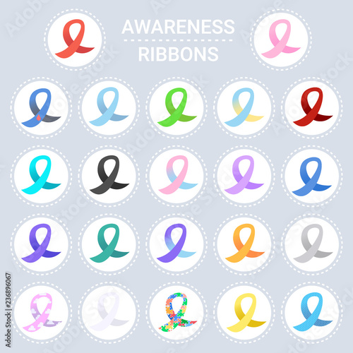 set world AIDS day awareness different colors ribbon sign collection 1 december medical prevention poster flat vector illustration