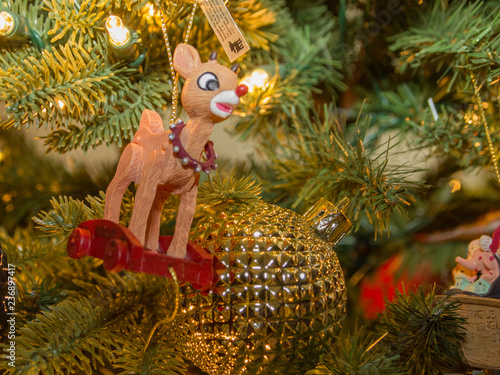 Closeup of various Christmas decorations, santa, rudolph, holiday, macro, christmas village, christmas figurines.