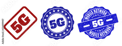 5G grunge stamp seals in red and blue colors. Vector 5G labels with grainy texture. Graphic elements are rounded rectangles, rosettes, circles and text labels. Designed for rubber stamp imitations.
