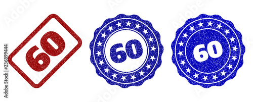 60 grunge stamp seals in red and blue colors. Vector 60 imprints with grainy surface. Graphic elements are rounded rectangles, rosettes, circles and text labels. Designed for rubber stamp imitations.