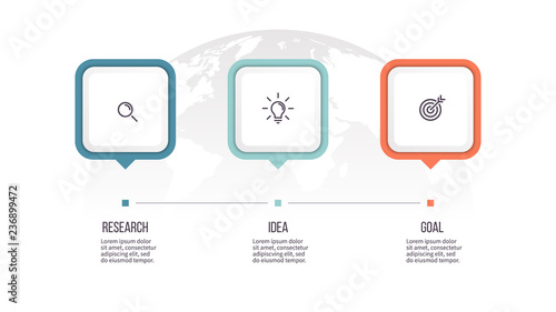 Business infographics. Timeline with 3 steps, options, squares. Vector template.