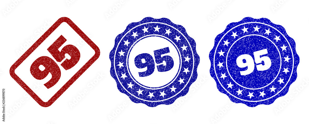 95 grunge stamp seals in red and blue colors. Vector 95 signs with grunge surface. Graphic elements are rounded rectangles, rosettes, circles and text titles. Designed for rubber stamp imitations. 95 grunge stamp seals in red and blue colors. Vector 95 signs with grunge surface. Graphic elements are rounded rectangles, rosettes, circles and text titles. Designed for rubber stamp imitations.