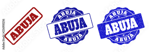 ABUJA grunge stamp seals in red and blue colors. Vector ABUJA imprints with grunge surface. Graphic elements are rounded rectangles, rosettes, circles and text labels.