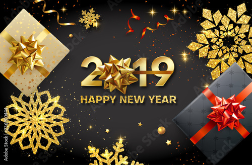 Happy New Year 2019 shiny card with gifts and golden snowflakes.