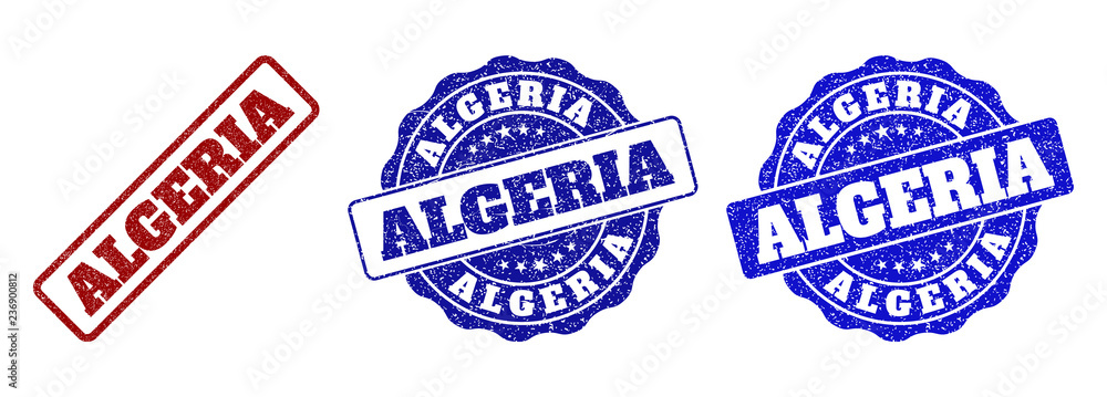 ALGERIA scratched stamp seals in red and blue colors. Vector ALGERIA overlays with draft surface. Graphic elements are rounded rectangles, rosettes, circles and text labels. ALGERIA scratched stamp seals in red and blue colors. Vector ALGERIA overlays with draft surface. Graphic elements are rounded rectangles, rosettes, circles and text labels.