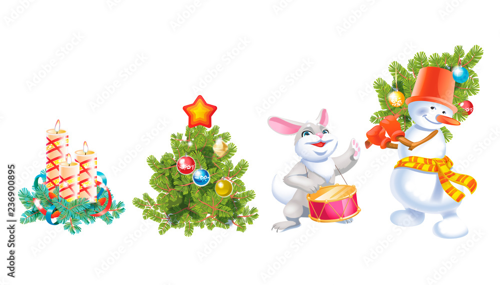 Christmas and New Year decoration set with pine tree, hare, snowman and candles. Festive vector elements for design or greeting cards. Christmas and New Year decoration set with pine tree, hare, snowman and candles. Festive vector elements for design or greeting cards.